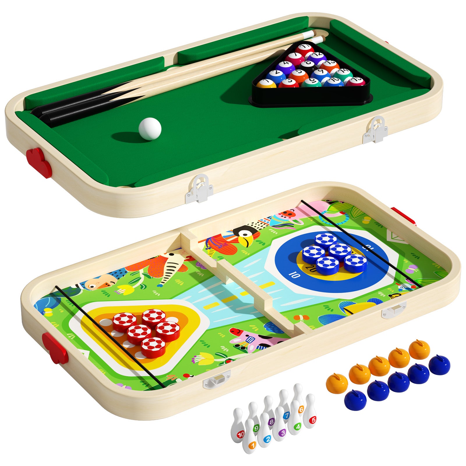 wooden kids billiard curling and bowling game set